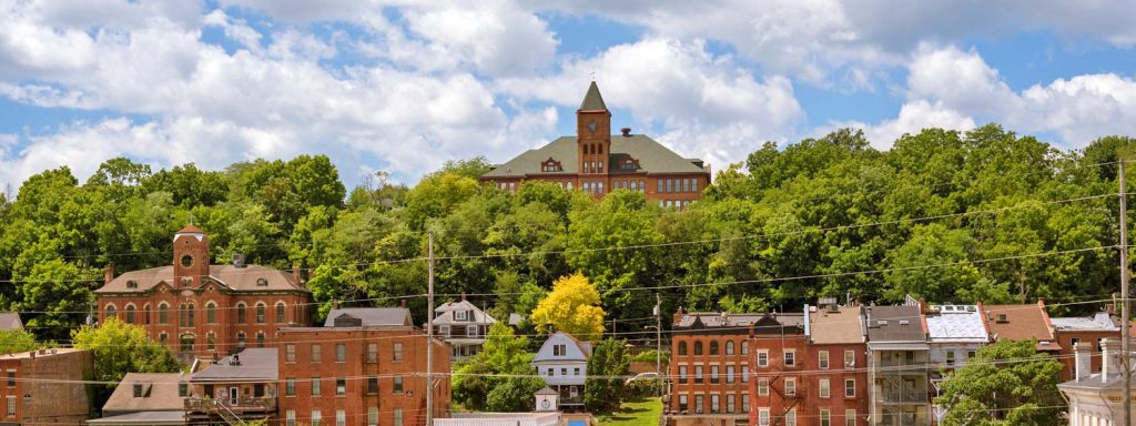 A view of historic downtown Galena Illinois with the old school in the center